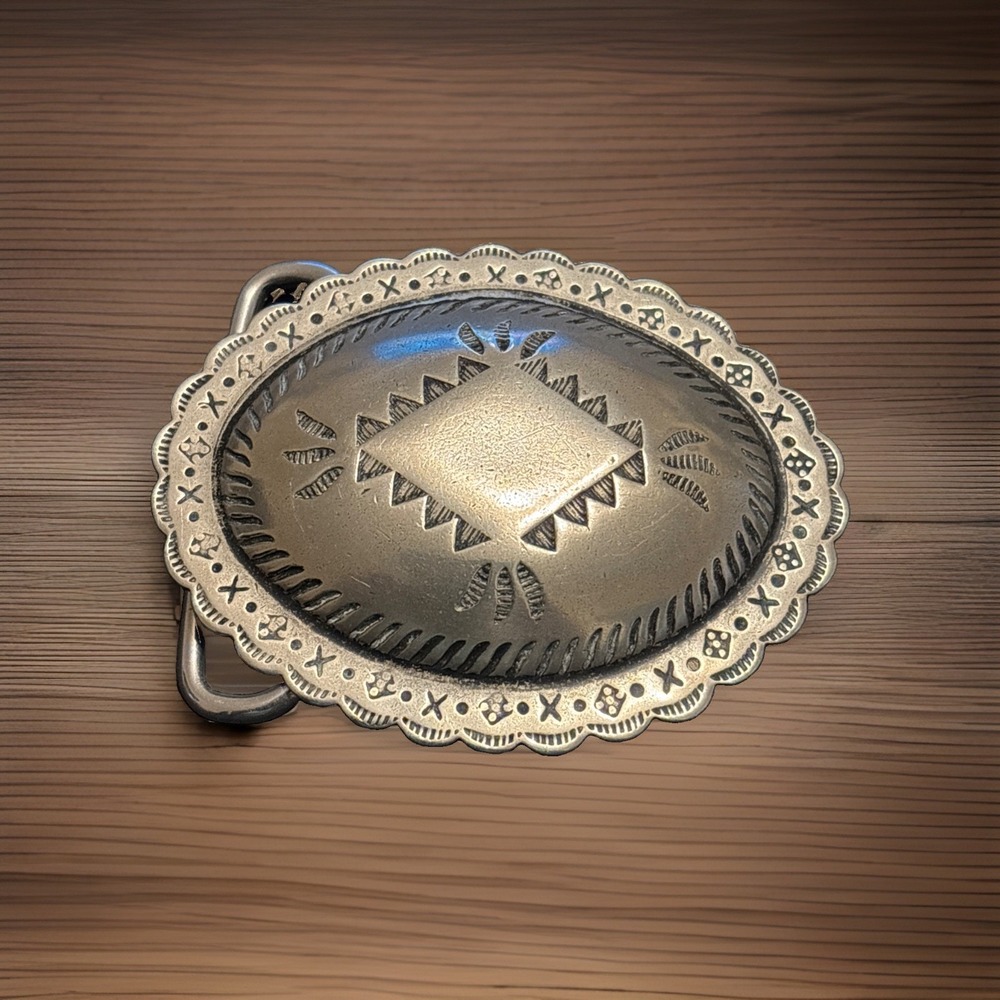 Vintage Solid Brass Western Belt Buckle Concho Oval Stamped Diamond Motif Cowboy